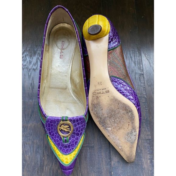 EUC Etro Leather Color Block Logo Charm Kitten Heels 9 - Picture 5 of 5